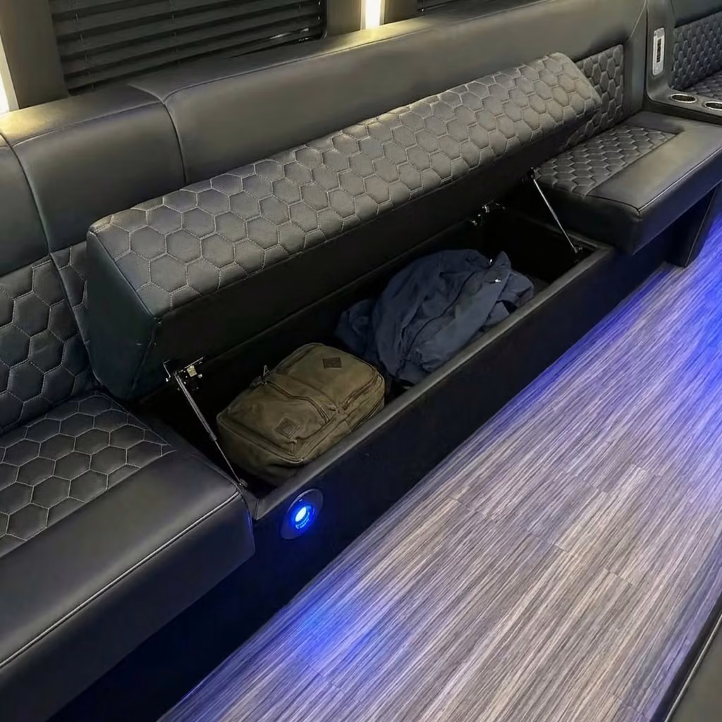 goshen party bus under seat storage